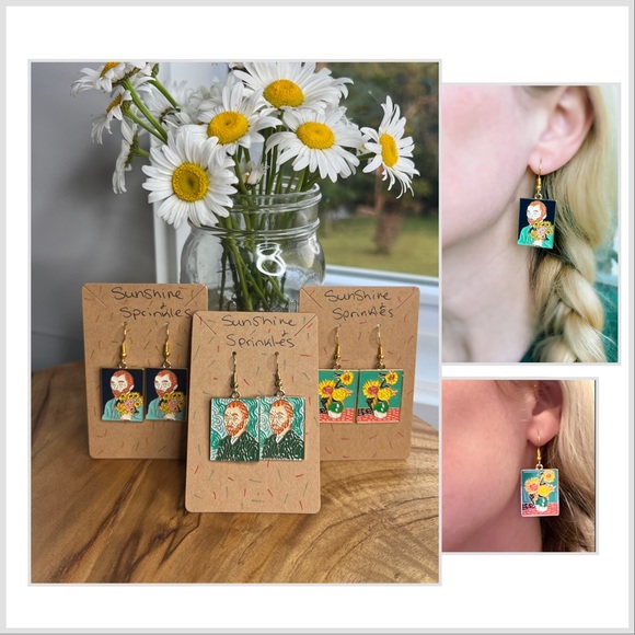 🌻🎨 Van Gogh painting art museum summer fun retro theme earrings novelty - Picture 1 of 7
